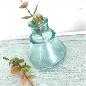 Vintage Blue Green Glass Ink Bottle Inkwell